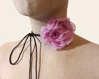 Lila Flower Choker Necklace, Handmade chiffon rose strip cord, Plus size wrap collar, Girlfriend Women jewelry gift, Boho vintage trend