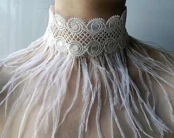 Bridal choker. White lace with long feathers. Women fringe ostrich feathers collar necklace. Boho Wedding Fairy Queen Lolita Cosplay costume