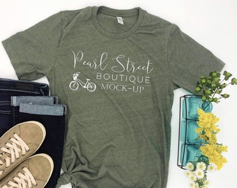 Download Mockup Bella Canvas Unisex Shirt Heather Military Green Jeans Capri Converse Shoe Flat Lay Background Blue Vase Yellow White Flowers 3d Packaging Mockups Free Downloads Files PSD Mockup Templates