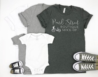 Download Free Family Set Bella Canvas Set Mock-Up | Shoes Plain White Athletic Gray Deep Heather Shirt Onesie | Baby Converse | Summer Fall Winter Spring PSD Template
