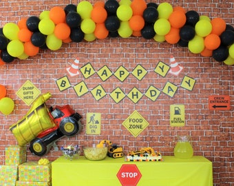 Construction Birthday Party Supplies,construction balloon garland ,Happy Birthday Banner,Dump Truck Balloon,Construction Signs