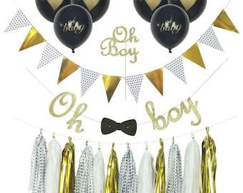 Baby Shower Decorations for Boy, Oh Boy Cake Topper, Oh Baby Balloons, Oh Boy Banner with Bow Tie, Tassels,it's a boy, glitter banner