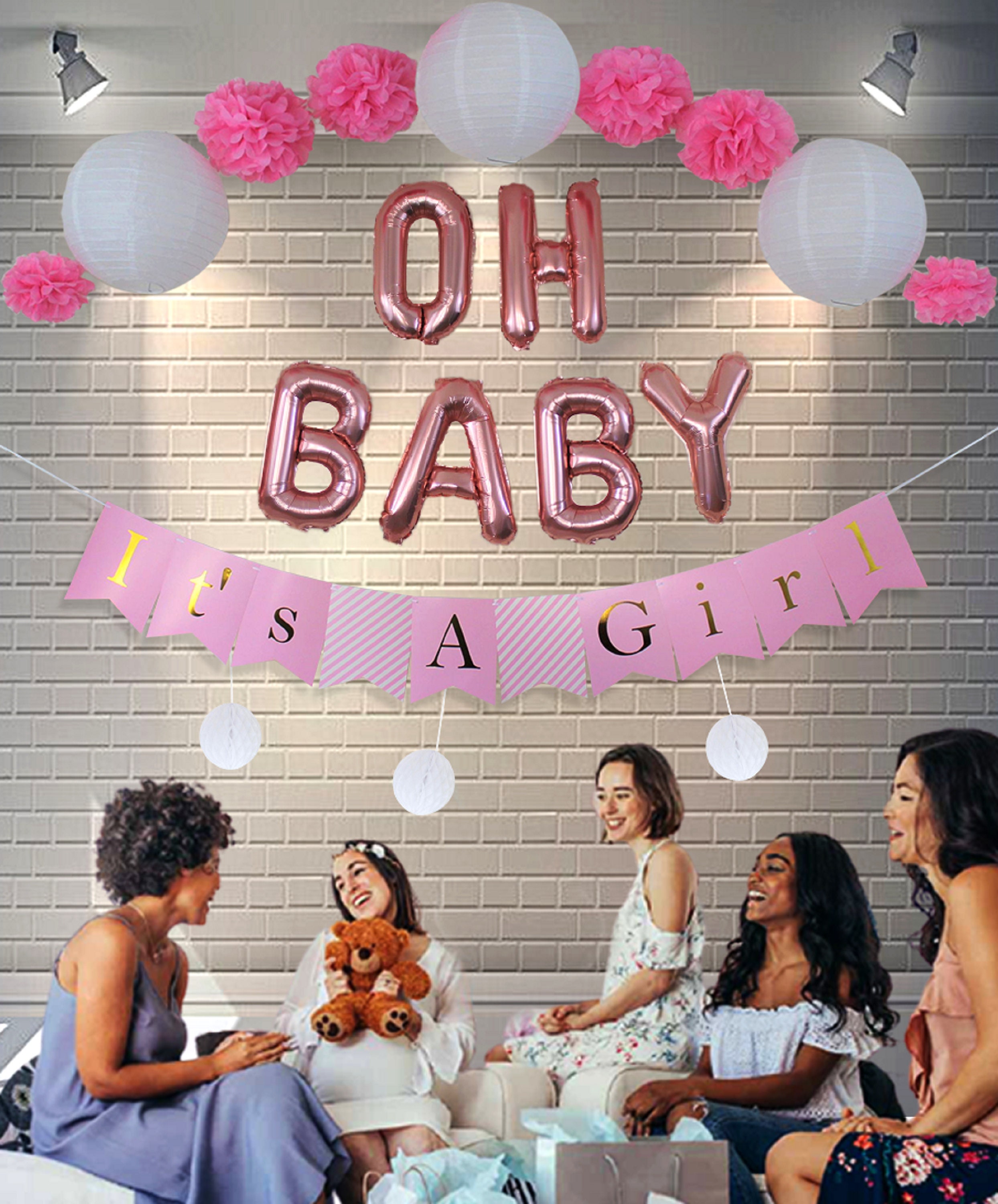 Babyparty-Dekoration Set Für Mädchen, Rosa & Salbeigrün – Inkl. Banner, Ballons, Pompoms & Quasten Für "It's A Girl"-Party