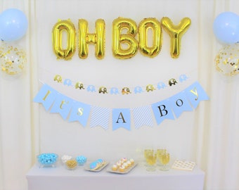 Baby Shower Decorations for Boy, set includes: its a boy banner, oh boy balloons,Elephant Garland ,blue ,white and gold confetti balloons,