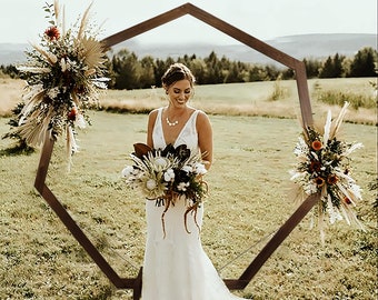 7ft Brown Wooden Heptagonal Wedding Arch with Two Wires For Stability- For Rustic wedding, Natural Photo Booth, Boho Indoor/Outdoor Arbor