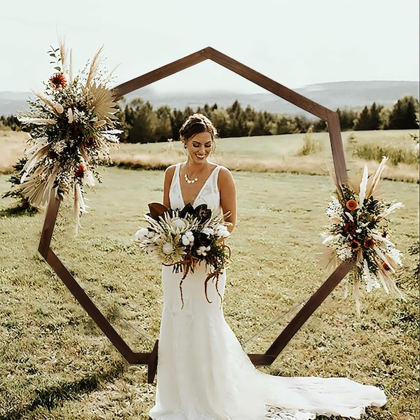 7ft Brown Wooden Heptagonal Wedding Arch with Two Wires For Stability- For Rustic wedding, Natural Photo Booth, Boho Indoor/Outdoor Arbor