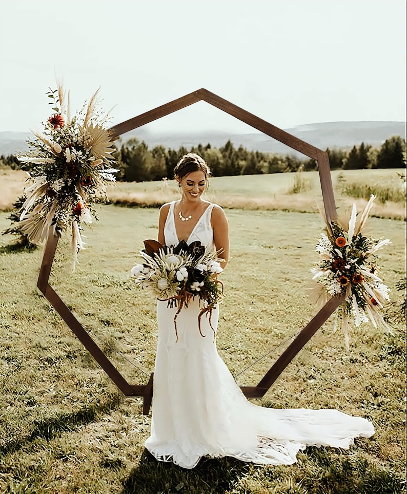 7ft Brown Wooden Heptagonal Wedding Arch with Two Wires For Stability For Rustic wedding, Natural Photo Booth, Boho Indoor/Outdoor Arbor image 1