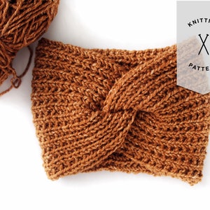 May include: A brown knitted headband with a twisted design. The headband is made with a chunky yarn and has a subtle speckled effect. "Knitting Pattern" is written in white text on a gray circle with a pair of crossed knitting needles.
