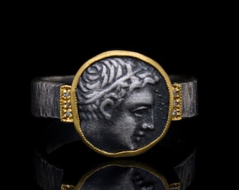 Alexander der Große Ring, Antiker griechischer Ring, handgemachter Signet Ring, 24k Gold und Diamant Ring, Münzring, Münzschmuck, Mazedonischer Ring