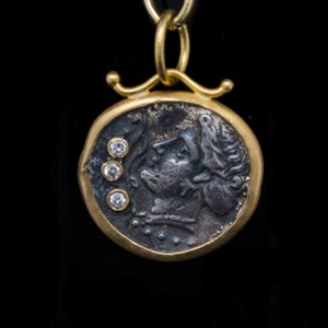 Greek Nymph with Gold Frame Pendant, Ancient Greek Pendant, Handmade Necklace, 24k Gold and Diamond Pendant, Coin Pendant, Coin Jewelry