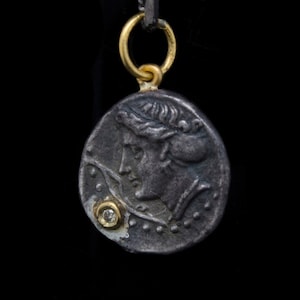 Greek Mythology Pendant, Ancient Greek Pendant, Handmade Necklace, 24k Gold and Diamond Pendant, Coin Pendant, Coin Jewelry, Nymph Pendant