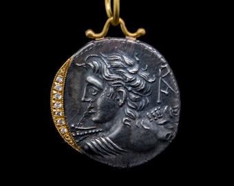 Etruscan God Vejovis and Two Lares, Ancient Roman Pendant, Handmade Pendant, 24k Gold and Diamond Pendant, Coin Pendant, Coin Jewelry