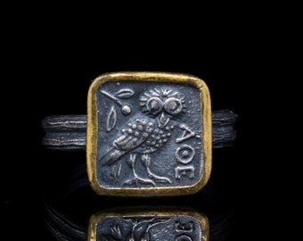 Owl of Athena Ring, Ancient Greek Ring, Handmade Diamond Ring, 24k Gold and Diamond Ring, Coin Ring, Coin Jewelry, Hellenic Ring