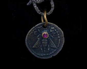 Bee of Ephesus Pendant, Ancient Greek Pendant, Handmade Necklace, 24k Gold and Ruby Pendant, Coin Pendant, Coin Jewelry, Coin Necklace