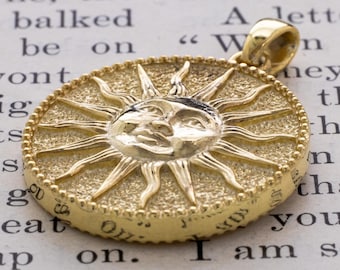Sun and Moon Face Solid Gold Pendant with Stars, Occult Pagan Gold Necklace, Wiccan Witchcraft Pendant for Him and Her, 14k Gold Necklace