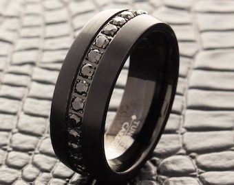 Tungsten Wedding Ring with Black Cubic Zirconia Stones, Black 8mm Tungsten Wedding Band for Men and Women, Personalized Custom Engraved Ring