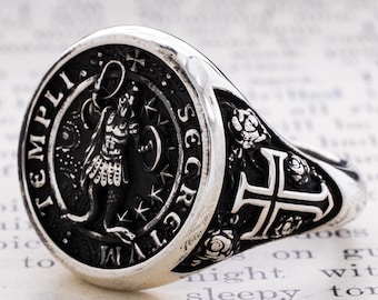Abraxas Okkulter Tempelritter Siegelring aus Sterlingsilber, Siegelring für Ihn, Mittelalterlicher europäischer Siegelring für Ihn