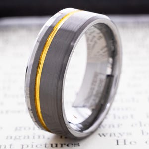 Tungsten Carbide Yellow Gold 8mm Wedding Band for Him and Her, Minimalist Sleek Mens Ring, Engagement Band, Anniversary Ring, Engraved Ring