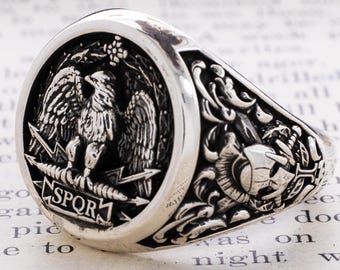 Roman SPQR Eagle Sterling Silver Signet Ring, Ancient Roman Ring, Roman Senate Ring, Ancient Historical Ring, Personalized Ring for Men