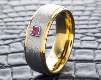 Yellow Gold 8mm Tungsten Ring with Square Cut Amethyst, Gemstone Wedding Ring, Tungsten Carbide Personalized Engagement Ring, Custom Ring