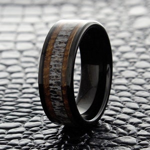Real Deer Antler and Koa Wood Ring, Black 8mm Tungsten Carbide Ring, Mens Wedding Ring, Mens Enagement Band, Womens Wedding Ring, Custom