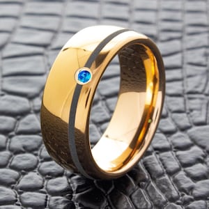 Tungsten Carbide 8mm Space Age Ring, Blue Sapphire Ring, Custom Birthstone Ring for Him and Her, Personalized Engraved Ring