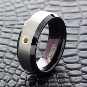 Black Space Age 8mm Tungsten Carbide Ring with Black Diamond, Personalized Engraved Ring, Custom Birthstone Wedding Band for Him and Her