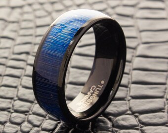Tungsten Wedding Ring with Blue Wood, Black 8mm Tungsten Wedding Band for Men and Women, Personalized Custom Engraved Ring, Handmade Ring