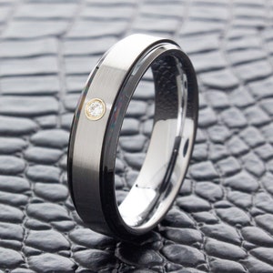 Black Tungsten Carbide Wedding Band with Diamond, Custom Engraved 5mm Ring for Him and Her, Personalized Engraved Gemstone Wedding Ring