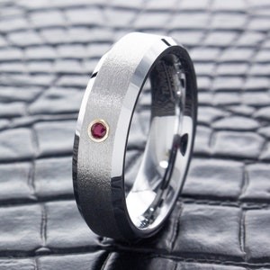 Silver 6mm Diamond Tungsten Wedding Ring with Ruby, Birthstone Wedding Ring, Tungsten Personalized Engagement Ring, Custom Gemstone Ring