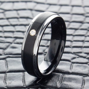 Black Tungsten Carbide Wedding Band with Diamond, Custom Engraved 6mm Ring for Him and Her, Personalized Engraved Ring, Diamond Wedding Ring
