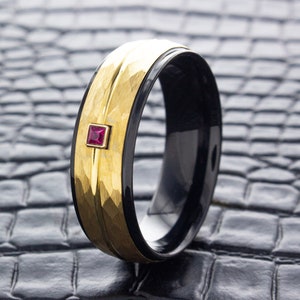 Yellow Gold and Black Hammered Tungsten Wedding Ring, Purple Amethyst Wedding Ring, 8mm Tungsten Engagement Ring, Custom Personalized Ring