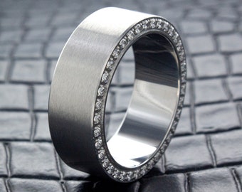 Anillo de tungsteno de plata de 8 mm con circonita cúbica blanca, anillo de boda para mujer, anillo de tungsteno personalizado, anillo hecho a mano, anillo grabado