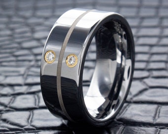 Fede nuziale in tungsteno da 9 mm con doppia pietra preziosa d'argento, fede nuziale in pietra preziosa, anello di fidanzamento personalizzato in carburo di tungsteno, anello su misura