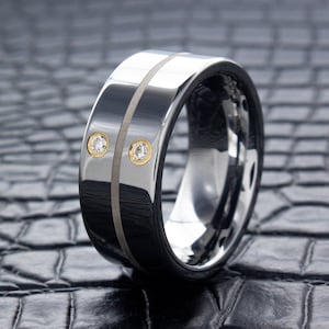 Silver Double Gemstone 9mm Tungsten Wedding Band, Gemstone Wedding Ring, Tungsten Carbide Personalized Engagement Ring, Custom Made Ring