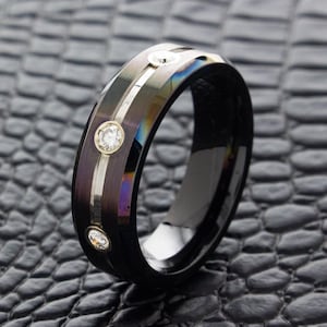 Black Space Age Tungsten Wedding Ring with Diamonds, Gemstone Wedding Band, Personalized Engraved Ring for Him and Her, Custom Wedding Ring