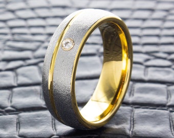 Diamant und Gelbgold überzogener gerillter Wolframring, 8mm Edelsteinring, Geburtssteinring, Silberring, personalisierter benutzerdefinierter Ehering