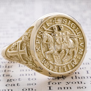 Knights Templar Crusader Gold Signet Ring, Solid Gold Signet Ring for Men, Medieval European Ring, Christian Ring, Custom Made Ring