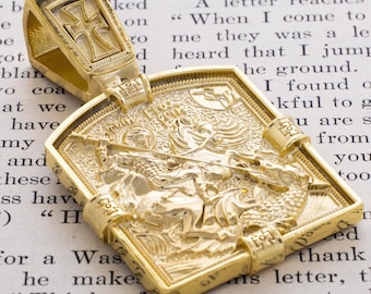 Saint George the Dragon Slayer Solid Gold Thick Pendant, Heroic Angel Pendant, Russian Eastern Orthodox Pendant with Old Church Slavonic