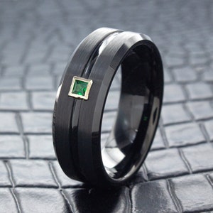 Birthstone Black 8mm Tungsten Wedding Band, Gemstone Wedding Ring, Tungsten Carbide Personalized Engagement Ring, Custom Made Ring