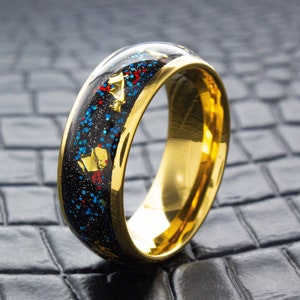 Yellow Gold Plated Tungsten Carbide Ring with Gold Foil And Glitter, 8mm Wedding Ring, Engagement Band, Unique Ring, Personalized Ring