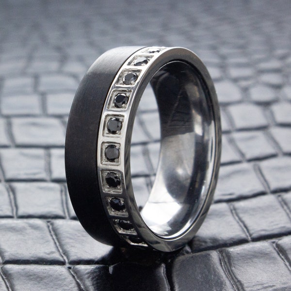 Black 8mm Tungsten Ring with Cubic Zirconia, Women's Wedding Ring, Personalized Tungsten Ring, Handmade Ring, Engraved Ring