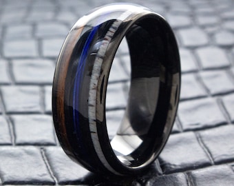 Banda de boda de tungsteno negra de 8 mm con incrustaciones de koawood y asta de ciervo real, regalo para él, anillo de compromiso personalizado de carburo de tungsteno