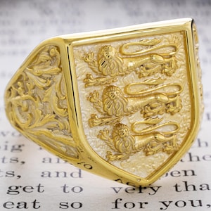 Heraldic English Signet Ring, Solid Gold Signet Ring for Men, English Coat of Arms Ring, Victorian Floral Ring, Medieval Shield Ring