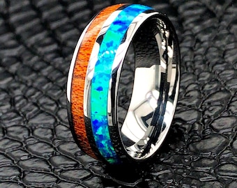 Koa Wood & Blue Opal Ring, 8mm Wedding Ring, Engagement Band, Mens Wedding Ring, Womens Wedding Ring, Custom Opal Ring, Cool Ring