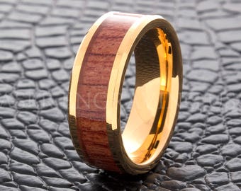 Tungsten Wedding Ring Tungsten Ring Yellow Gold Wood Inlay Ring 8MM Men Women Tungsten Wooden Ring Wedding Band Promise Ring Free Engraving