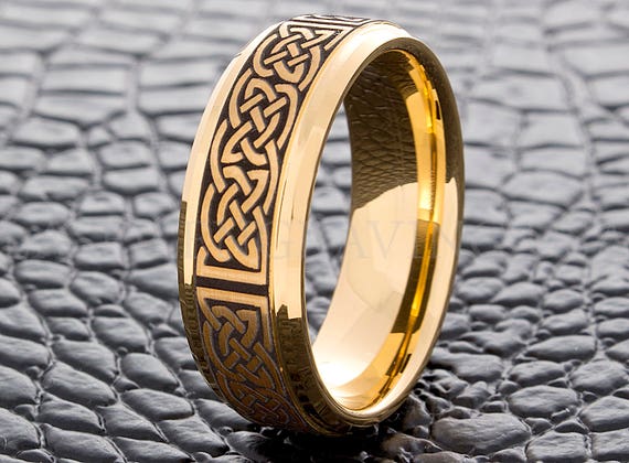 Gold Celtic Ring, Tungsten Wedding Ring, Black Yellow Gold Celtic Pattern, 8MM Wedding Band, Men's Tungsten Ring, Custom Engraved Ring