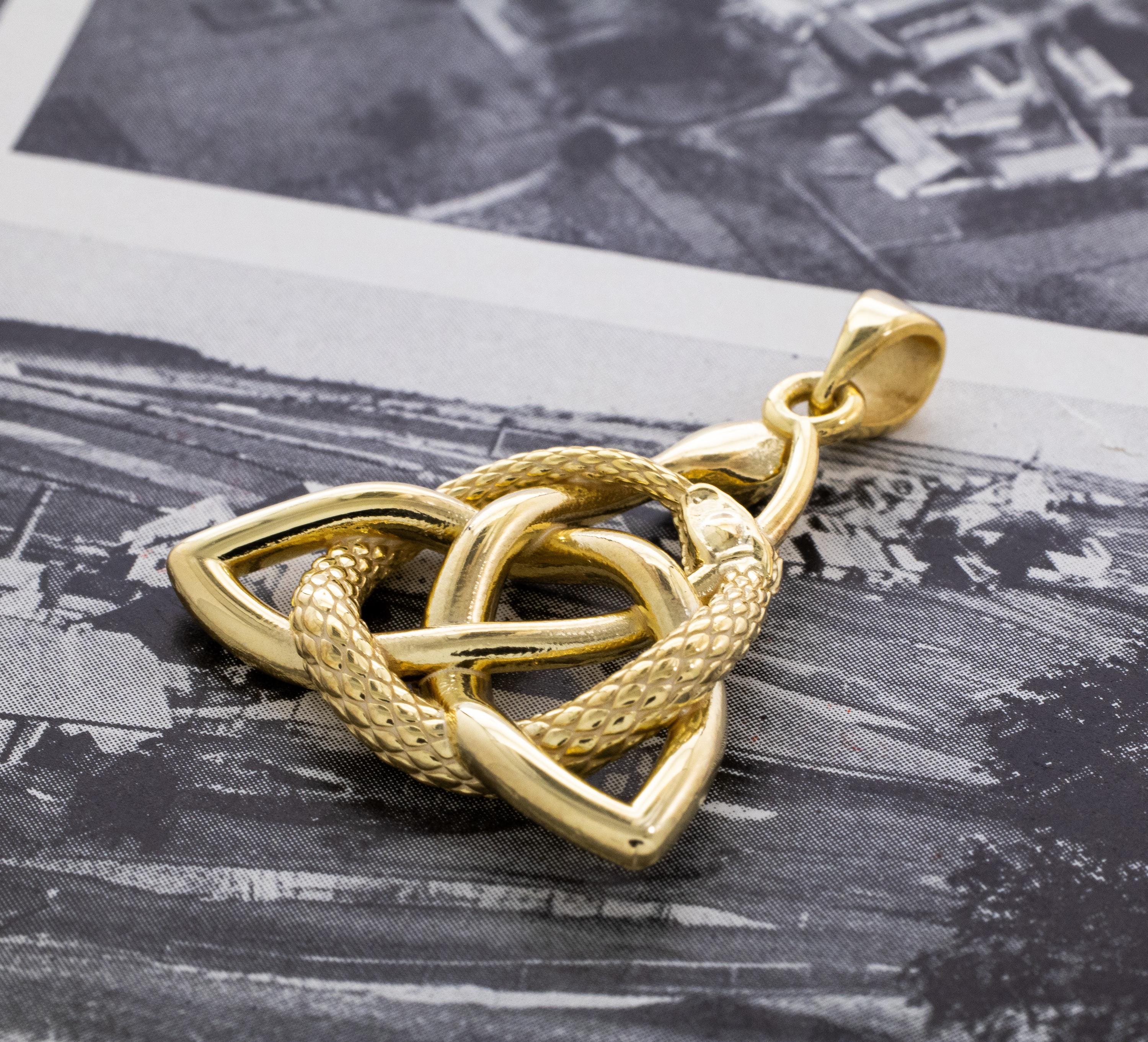 Celtic Trinity Knot Solid Gold Pendant with Snakes, Ouroboros Pendant, Spiritual and Mystical Pendant for Him and Her, Irish Necklace