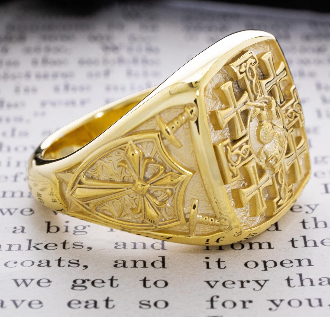 Jerusalem Cross Solid Gold Signet Ring, Knights Templar Christian Ring ...