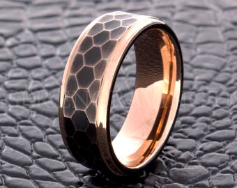 Hammered Tungsten Wedding Ring, Black And Rose Gold Ring, 8MM Men Women Wedding Band, Personalized Ring, Engraved Ring, Handmade Ring